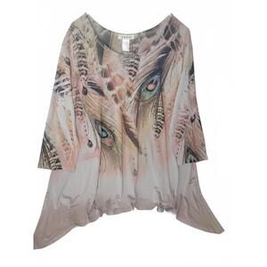 AGATE Women's Beige and Brown Feather Print Tunic Top, Size 3X